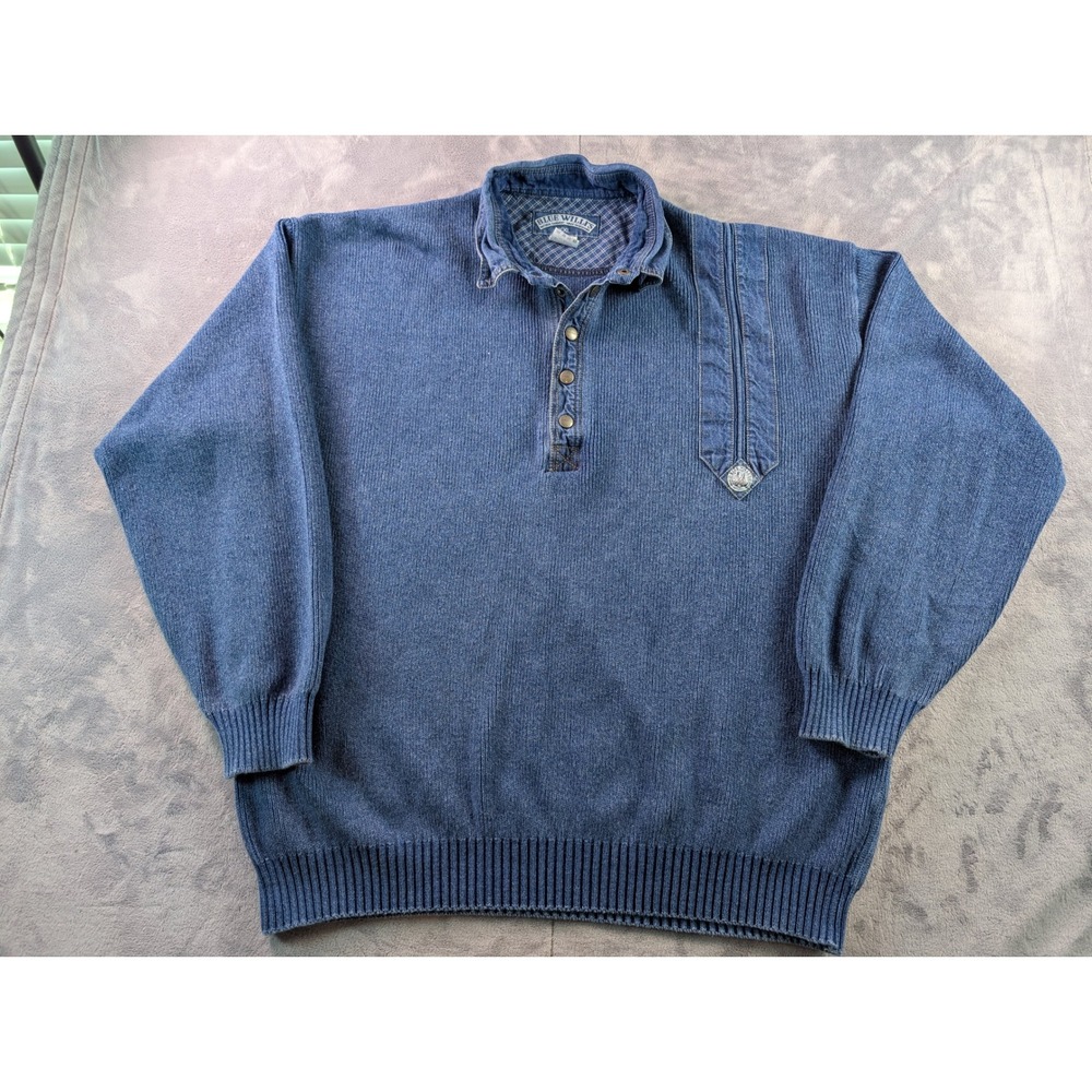 VINTAGE Blue Willis Denmark Denim & Knit Sweater Men's XXL Grandpa 1/4 Snap